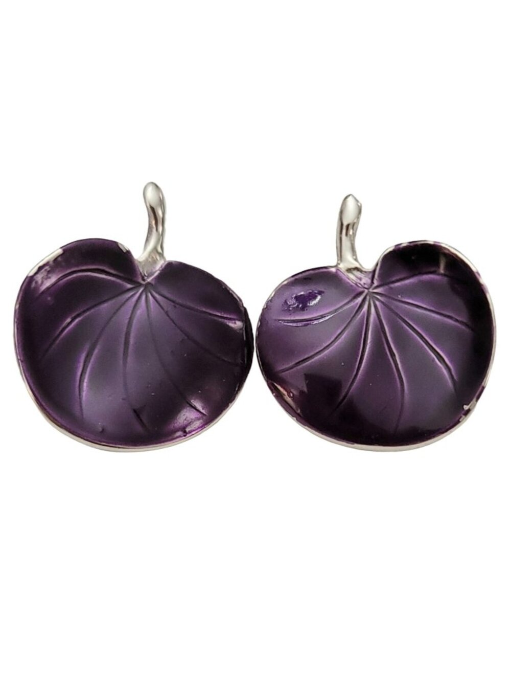 Pastelli Silver Tone Purple Enamel Lotus Water Lily Leaf Clip-On Earrings, K242
